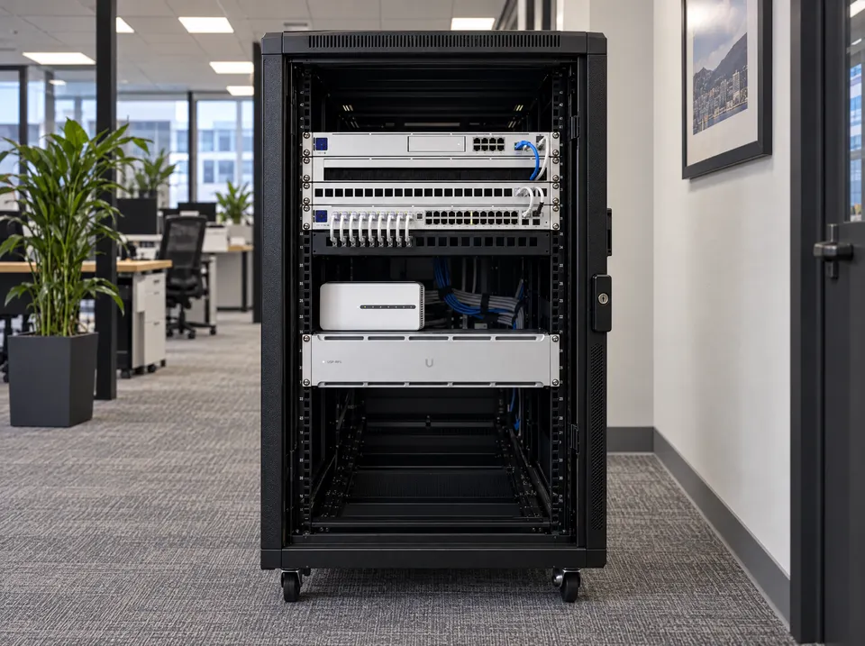 Illustrative floor-standing network cabinet in an office