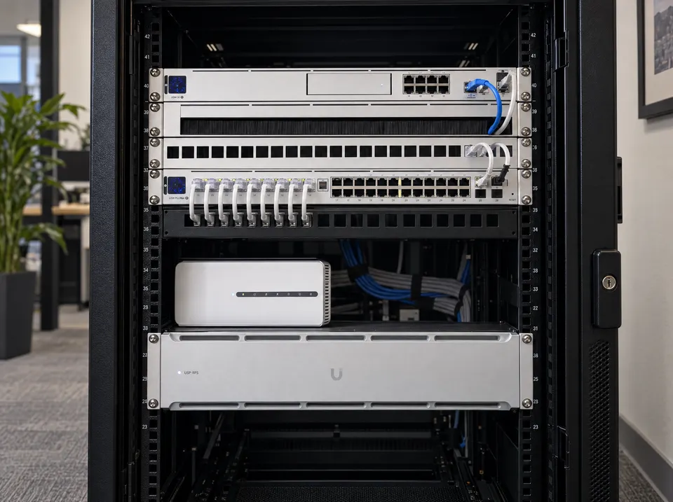 Illustrative close-up of switching and patching in an office rack