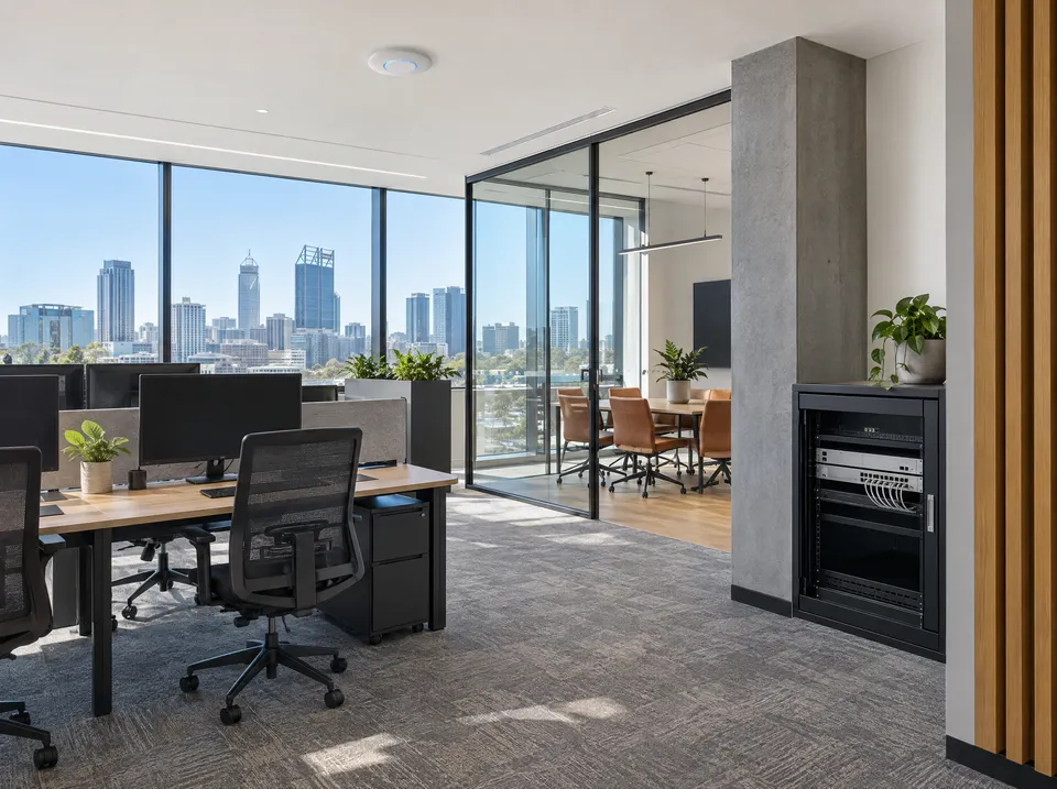 Illustrative Perth office with Wi-Fi and a network cabinet