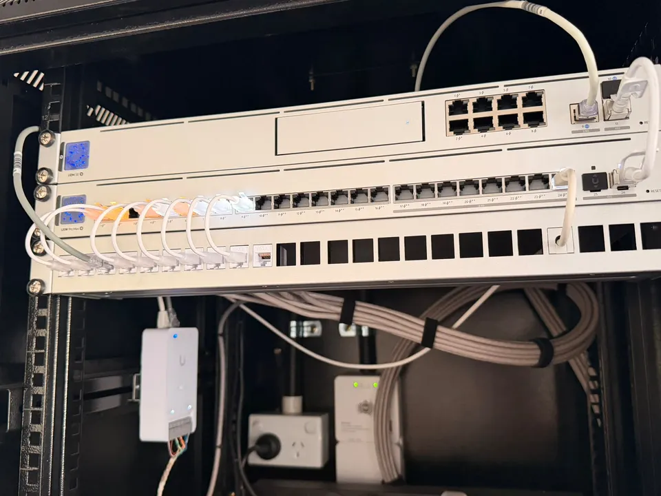 UniFi switching and organised patch leads in a network installation