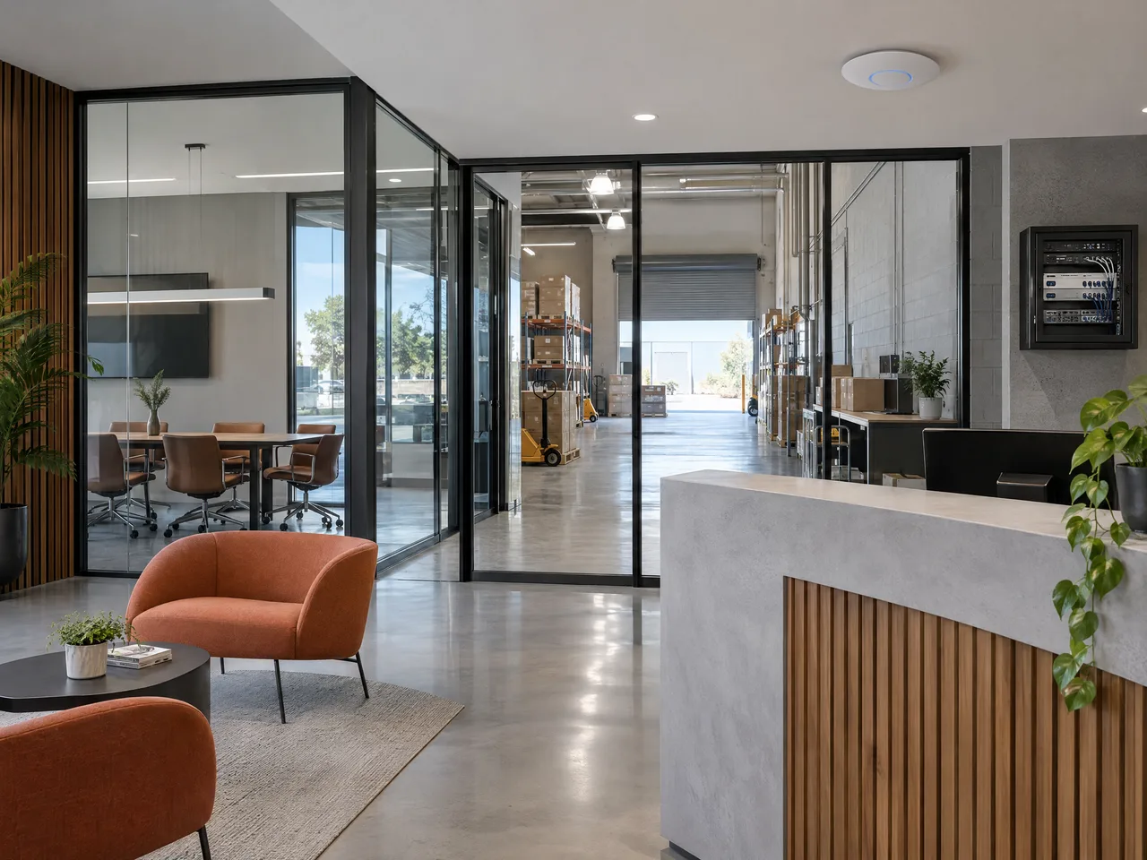 Illustrative commercial facility linking a meeting space and operations area with UniFi networking.