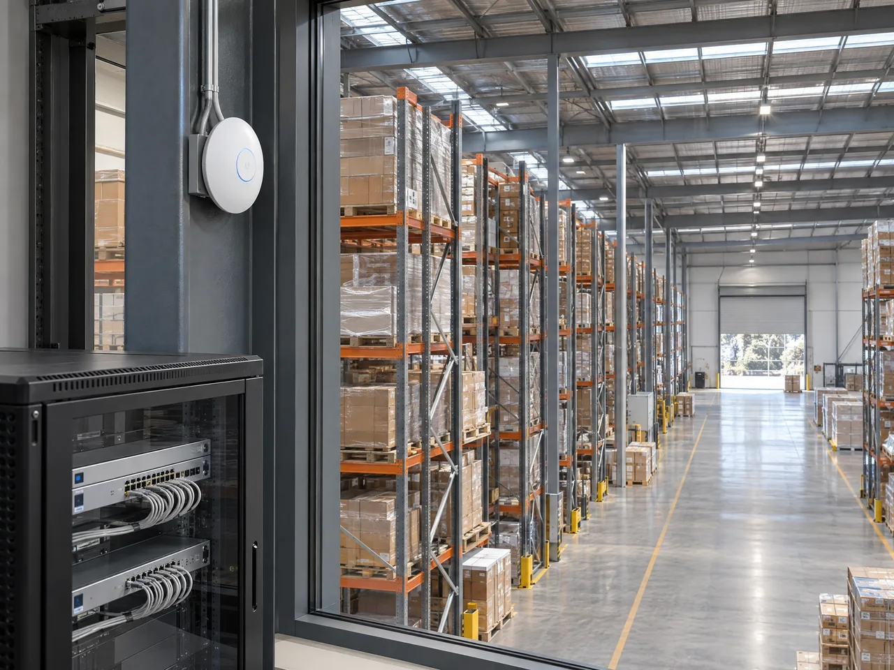 Illustrative Canning Vale distribution warehouse with planned aisle Wi-Fi.