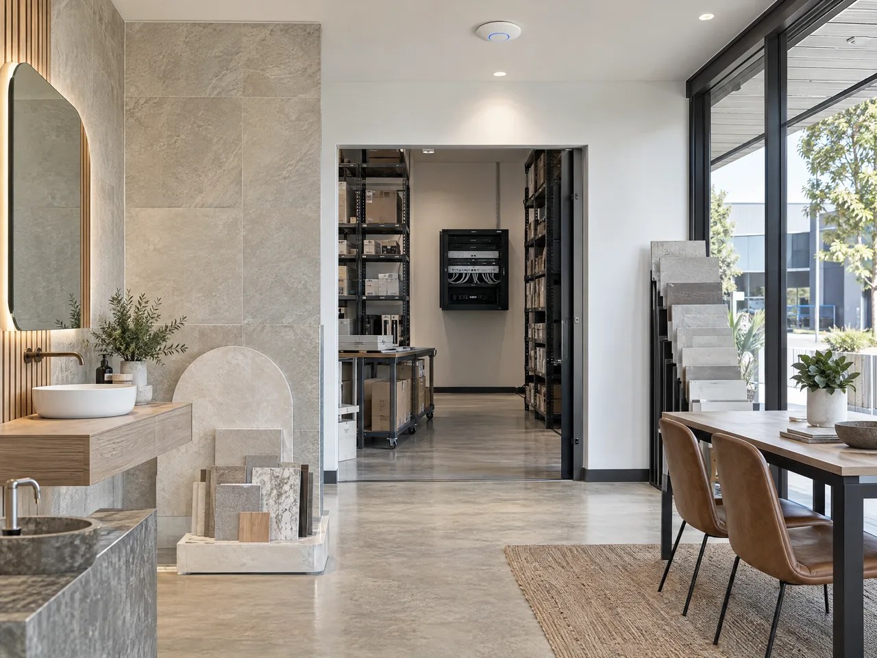 Illustrative Osborne Park showroom and rear operations area with organised UniFi networking.