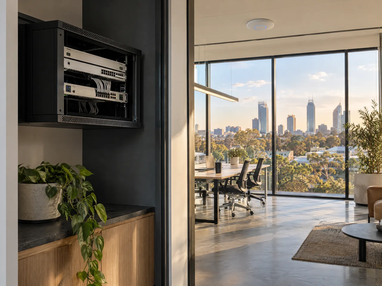 Illustrative Perth metropolitan business premises with commercial network infrastructure.