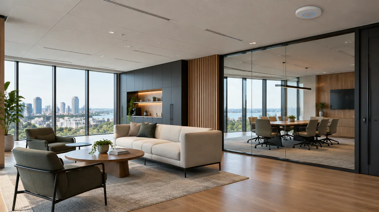Illustrative office with a ceiling-mounted UniFi-style wireless access point